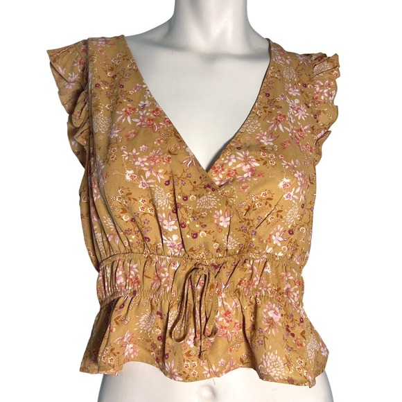 Floral Blouse V Neck Tie Front Top L Pink Rose Baby‎ Doll Coquette Cottagecore - Picture 1 of 8